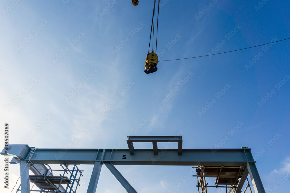 Heavy lift operations on board a construction work barge at oil field Heavy lift operations on board a construction work barge at oil field