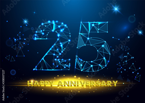 Anniversary 25. Geometric polygonal Anniversary greeting banner. gold 3d numbers. Poster template for Celebrating 25th anniversary event party. Vector illustration