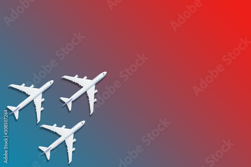 Airplane model. White plane on red background.