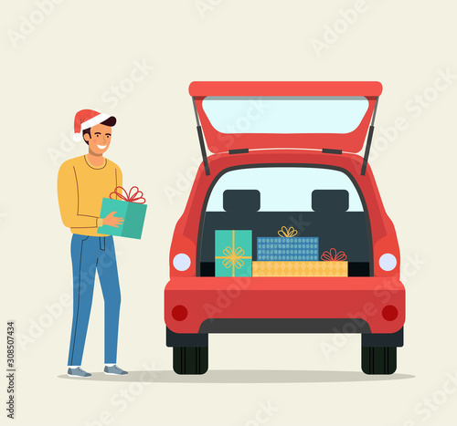 Man with Gift boxes next to the trunk of the car. Vector flat style illustration