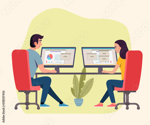Man and woman  looking at computers in the office. Vector flat style illustration