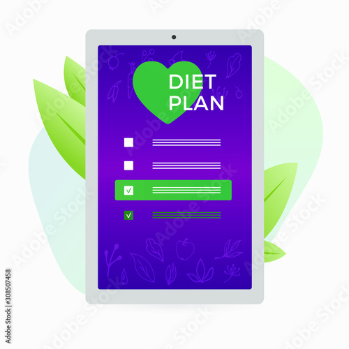 Diet plan checklist with checkmarks and fruits, vegetables and leaves icons on the tablet pc mobile screen. Individual dietary nutrition diet food app service concept. Flat vector illustration