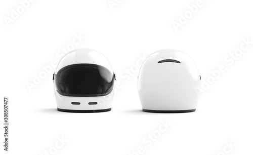 Blank white moto helmet with glass mockup, front and back