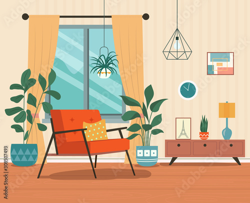 Comfortable chair, window and house plants. Vector flat style  illustration