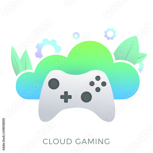 Cloud video gaming technology concept. Online gaming on demand that runs games on remote servers and streams them directly to a user device, remotely from a cloud. Flat vector illustration isolated