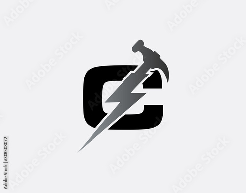 Hammer Flash C Letter Logo, Fast Service Logo Icon.