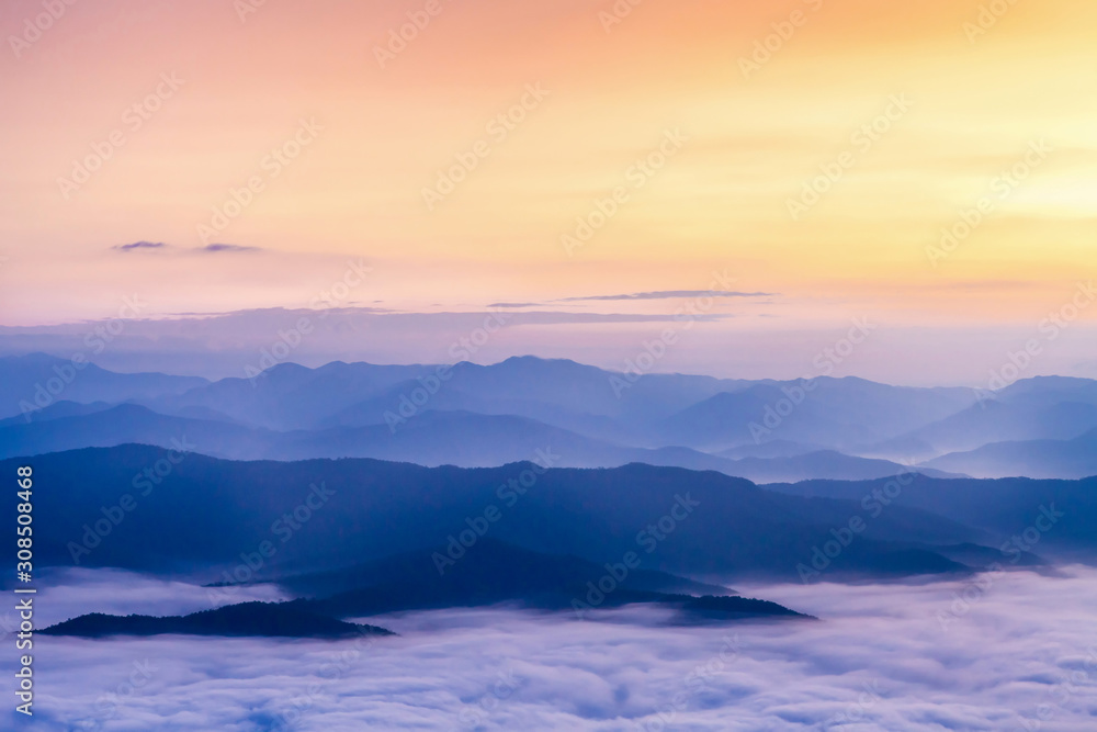 Beautiful fog coverage mountain valley and sunlight in the morning colorful,Sri Nan Park,Nan,Thailand