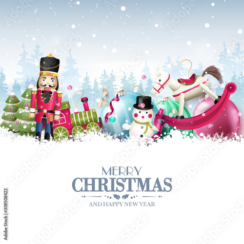 Wooden toys in snowy landscape. Christmas greeting card