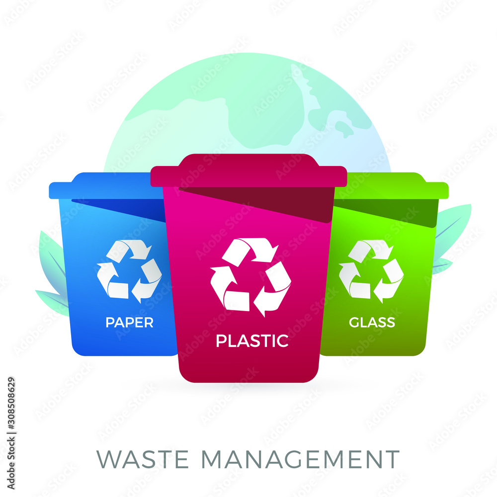 Waste management - recycling and garbage sorting icon. Ecologic vector  concept. Multic-colored containers for different garbage - plastic, paper,  glass, biodegradable packaging. Cartoon Illustration Stock Vector | Adobe  Stock
