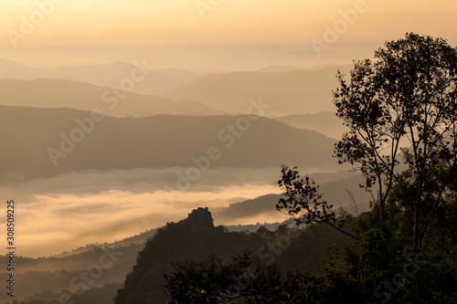 Beautiful fog coverage mountain valley and sunlight in the morning colorful,Sri Nan Park,Nan,Thailand