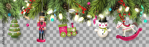 Christmas border with traditional wooden toys and branches.