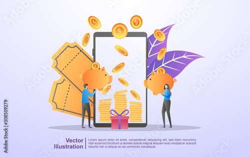 Cash back or money refund concept. Ecommerce business profit, earn money, online shop, reward program, get vouchers and discounts. Can use for web landing page, banner, mobile app. Vector Illustration