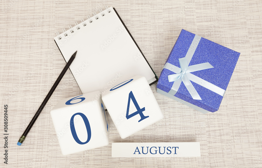 Calendar with trendy blue text and numbers for August 4 and a gift in a box.