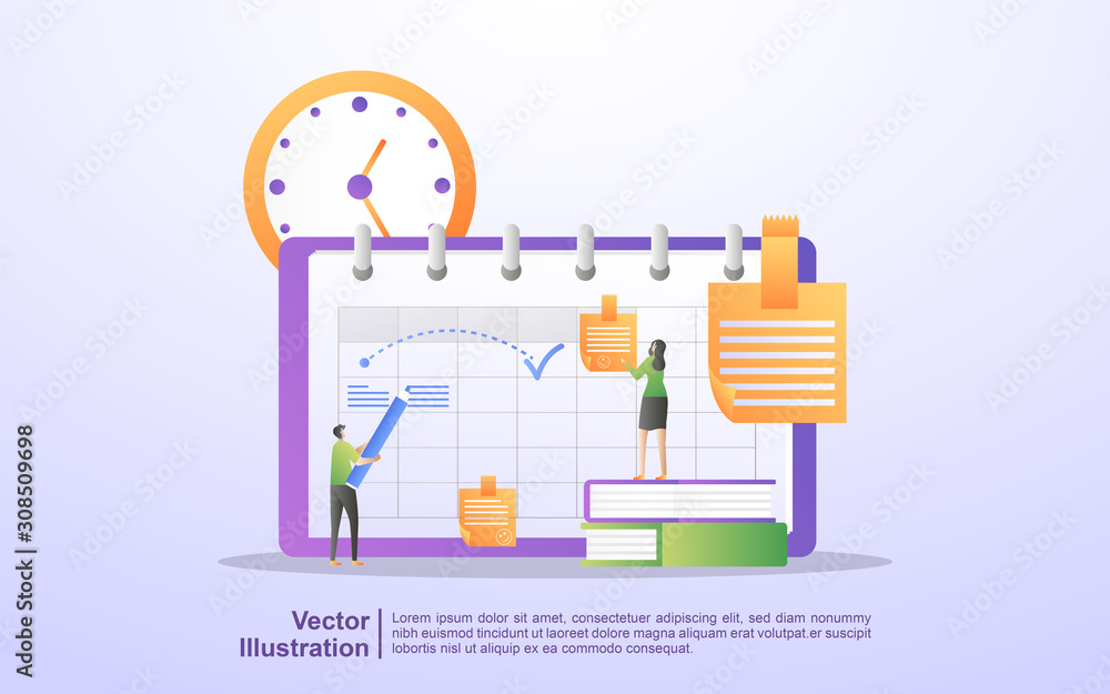 schedule and planning concept, personal study plan creation, business time planning, events and news, reminder and schedule. Can use for web landing page, banner, mobile app. Flat design vector schedule and planning concept, personal study plan creation, business time planning, events and news, reminder and schedule. Can use for web landing page, banner, mobile app. Flat design vector