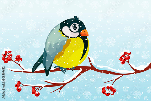 Cartoon bird Tit on branch Rowan tree under the snowfall. For Christmas decoration, posters, banners and winter sales. Vector illustration Winter season.