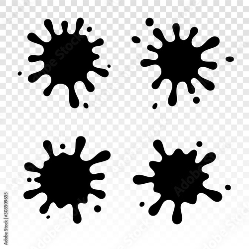 Ink Splashes. Paint dripping. Dripping liquid. Paint flows. Ink blots. Current drops. Current inks. Paint splatter. Vector illustration. Color easy to edit. Transparent background.