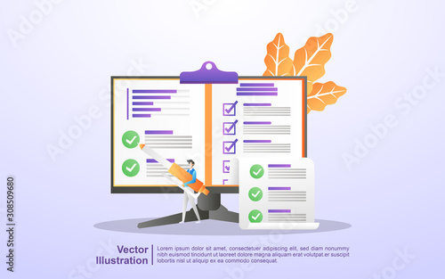 Online Survey concept. People answer online survey questions, Survey Research, online exam, questionnaire form, internet quiz.. Can use for web landing page, banner, mobile app. Flat design vector
