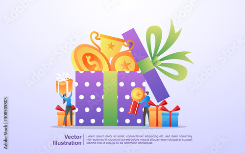 Reward program and get gift concept. People win sweepstakes, cash back programs, rewards for loyal customers, attractive offers. Can use for web landing page, banner, mobile app. Vector Illustration