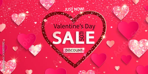 Sale banner for Valentine's day. Just now 50 percent discounts.Poster with glitters and shiny hearts on pink abstract background,shimer, ornaments.Template for flyer, invitation for february 14.Vector