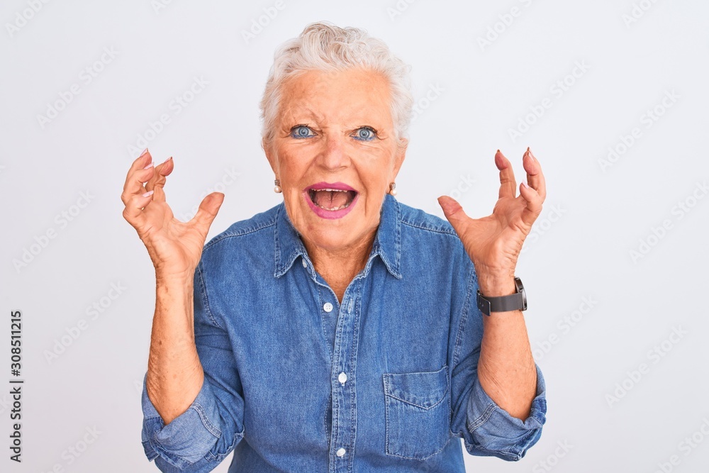 Senior grey-haired woman wearing casual denim shirt standing over isolated white background very happy and excited, winner expression celebrating victory screaming with big smile and raised hands Senior grey-haired woman wearing casual denim shirt standing over isolated white background very happy and excited, winner expression celebrating victory screaming with big smile and raised hands