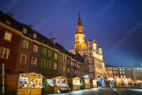Christmas decorations in the evening at the Old Market Square in Poznan.