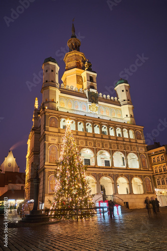 Renaissance town hall and christmas decorations in city of Poznan.