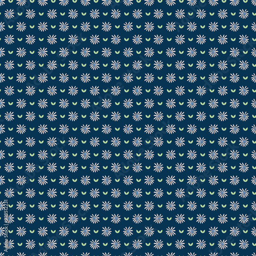 Classic Blue Daisy Floral Millefleur  Stripe Background. Liberty Style Flower Seamless Pattern. Ditsy Elegant Navy Bloom on Dark Midnight Leaf. Hand Drawn Textile. Repeat Illustration Vector EPS 10