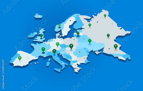 3d europe map with gps pins - vector