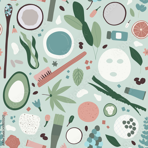Spa treatment concept, flat lay composition. Seamless pattern with natural cosmetic products peeling and massage brushes. Vector