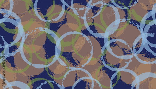 Distressed painted circles geometry fabric print. Round shape splotch overlapping elements vector 
