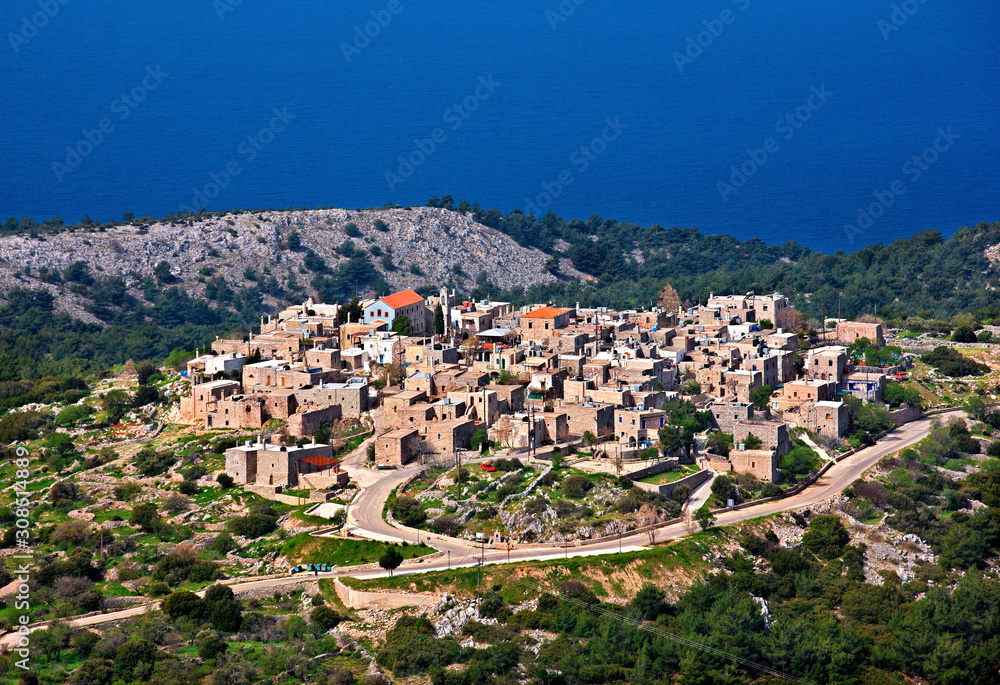 CHIOS ISLAND, NORTH AEGEAN, GREECE. Panoramic view of Avgonyma village.