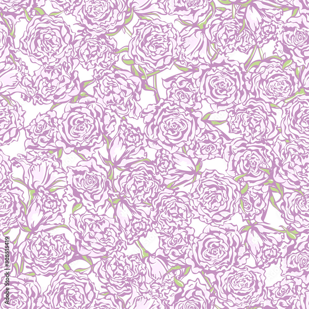 Seamless pattern flowers, flowering roses bloom on white background