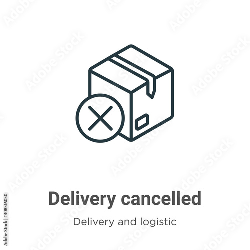Delivery cancelled outline vector icon. Thin line black delivery cancelled icon, flat vector simple element illustration from editable delivery and logistics concept isolated on white background
