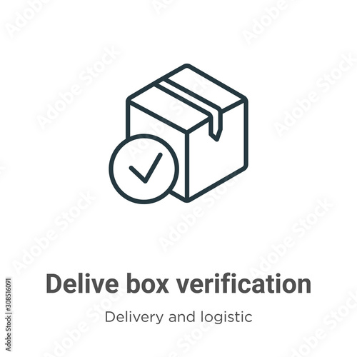 Delivered box verification outline vector icon. Thin line black delivered box verification icon, flat vector simple element illustration from editable delivery and logistics concept isolated on white