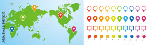 世界地図　ビジネス　マップ　ピンとマーカーのセット