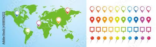 世界地図　ビジネス　マップ　ピンとマーカーのセット