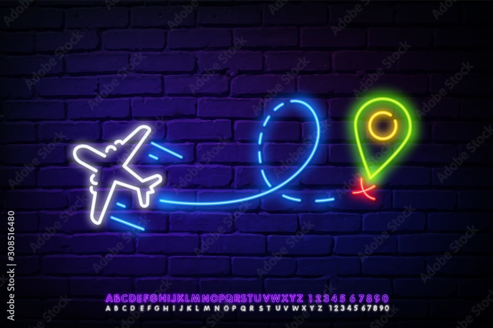 Airplane line icon. Neon laser lights. Plane flight transport sign