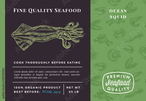Premium Quality Seafood Abstract Vector Squid Packaging Design or Label. Modern Typography and Hand Drawn Sketch Seamless Pattern Background Layout of Prawns, Scallops, Squids and Crabs