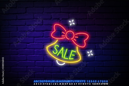 Neon sign bell with bow. Neon sign with snowflakes light banner design element colorful modern design trend, night bright advertising, bright sign. Vector illustration