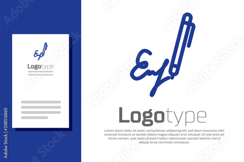 Blue Signature line icon isolated on white background. Pen and undersign, underwrite, ratify symbol. Logo design template element. Vector Illustration