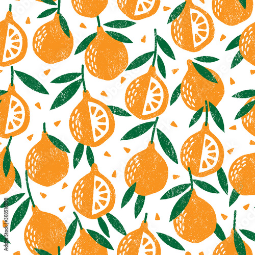 Seamless pattern with tangerines. Stamp textured. Great for fabric, textile, wrapping paper. Vector Illustration