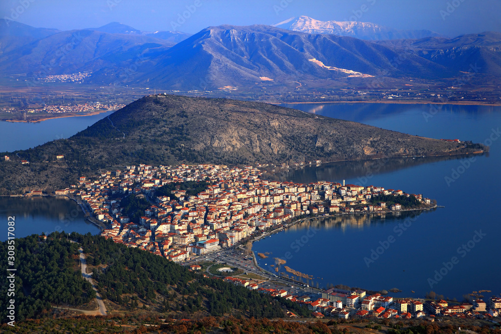 KASTORIA TOWN, GREECE. Panoramic view of Kastoria town and Orestiada (or 