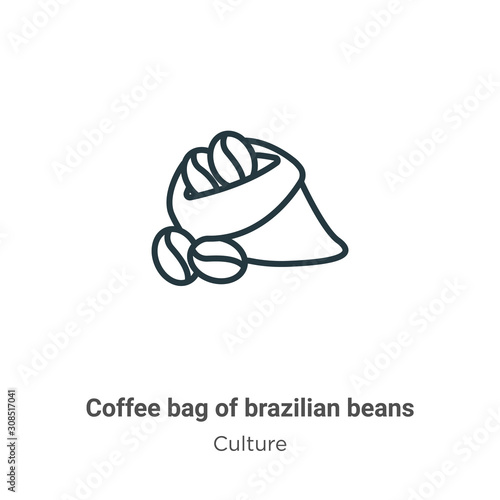 Coffee bag of brazilian beans outline vector icon. Thin line black coffee bag of brazilian beans icon, flat vector simple element illustration from editable culture concept isolated on white