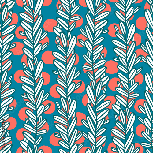 Creative seamless pattern with tropical leaves and dots. Great for fabric, textile, wrapping paper. Vector Illustration.