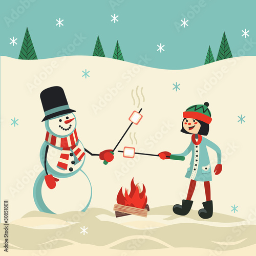 Marshmallow roast on winter campfire vector poster