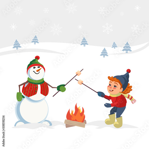 Marshmallow roast on winter campfire vector poster
