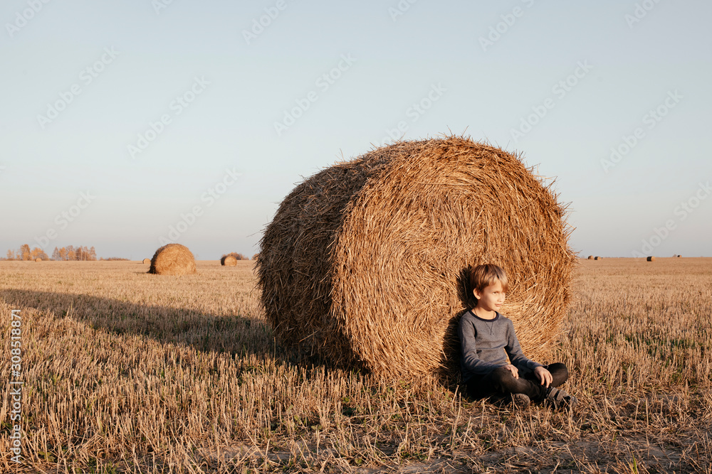Boy leaning on hay bale in field Boy leaning on hay bale in field