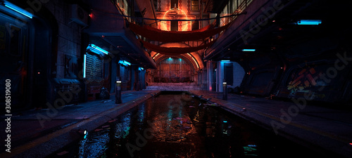 Plakat Piękna neonowa noc w cyberpunkowym mieście. Fotorealistyczna 3d ilustracja futurystycznego miasta. Pusta ulica z niebieskimi neonów odbijającymi się w wodzie.