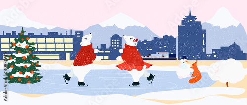 Two bears dancing on the ice at the rink