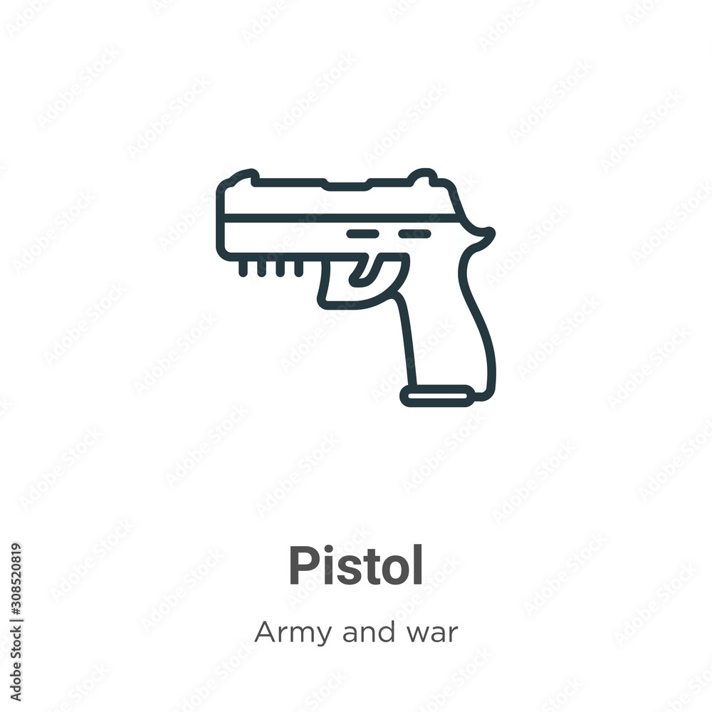 Pistol outline vector icon. Thin line black pistol icon, flat vector simple element illustration from editable army concept isolated on white background